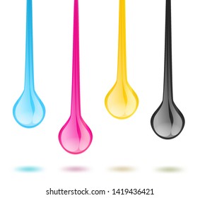 C M Y K ink jet printer colors dripping on white background 