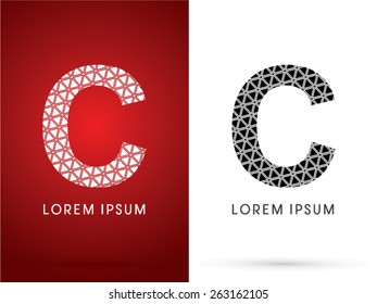 C ,Modern font, designed using white and black triangle geometric shape. on red and white background, sign ,logo, symbol, icon, graphic, vector.