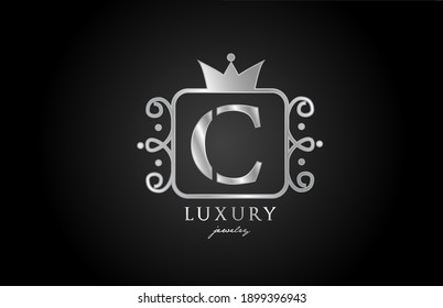 C monogram silver metal alphabet letter logo. Creative icon design with king crown for luxury business and company 