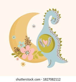 C MOON DINO Hand Drawn Flat Design Grunge Style Cartoon Prehistoric Animal Cute Vector Illustration Apparel Print