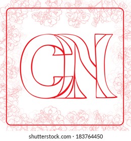 C and N letters monogram in an orchids frame, hand drawn illustration on white