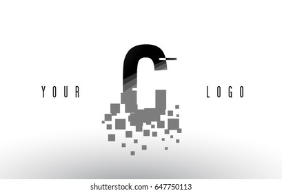 C Pixel Letter Logo with Digital Shattered Black Squares. Creative Letters Vector Illustration.