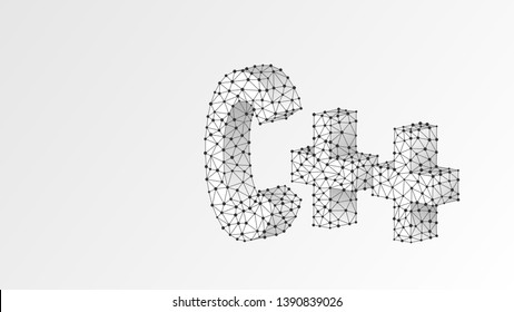 C plus coding language sign. Device, programming, developing concept. Abstract, digital, wireframe, low poly mesh, vector white origami 3d illustration. Triangle, line, dot, star