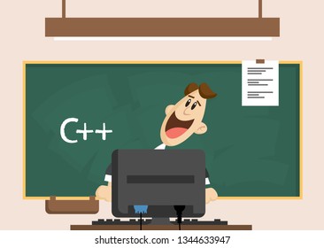  c++ programing language. man in suit a man sitting next to a computer in front of blackboard. C++ on blackboard