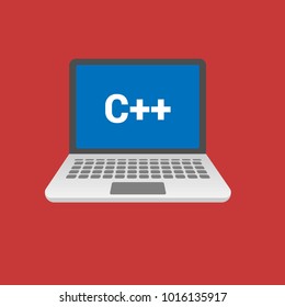 C++ programming language. Laptop flat design on red background