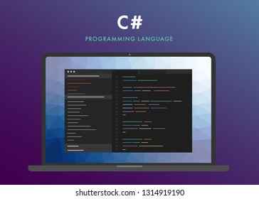 C programming language. Learning concept on the laptop screen code programming. Command line interface with flat design and gradient purple background. 