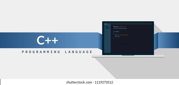C++  programming language with script code on laptop screen, programming language code illustration