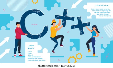 C Programming Tech Language Advertisement Poster. Computing and Coding Software Technology. Freelancer Programmer, Technical Engineer Man Woman People Holding Capital Letter. Vector Illustration