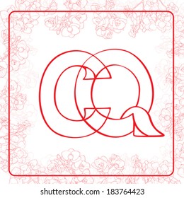 C and Q letters monogram in an orchids frame, hand drawn illustration on white