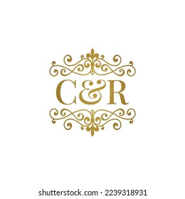 C and R initials logo ornament gold. Letter CR wedding ampersand or business partner symbol