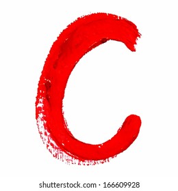 C - Red handwritten letters on white background. Acrylic colors.  Vector Illustration.