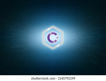 C Sharp sign and program code on blue background. c# programming concept. Coding language, Software development. Learning C Sharp, training, computer courses, Web banner. Vector illustration.