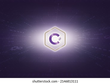 C Sharp Sign And Program Code On Purple Background. C# Programming Concept. Coding Language, Software Development. Learning C Sharp, Training, Computer Courses, Web Banner. Vector Illustration.