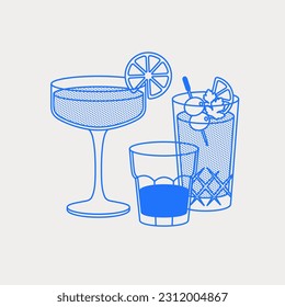 c, and a short drink. Line art, retro. Vector illustration for bars, cafes, and restaurants.