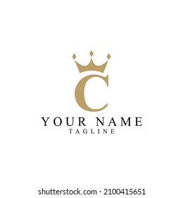 C simple gold monogram alphabet letter logo. Creative icon design with king crown for luxury company and business