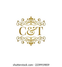 C and T initials logo ornament gold. Letter CS wedding ampersand or business partner symbol