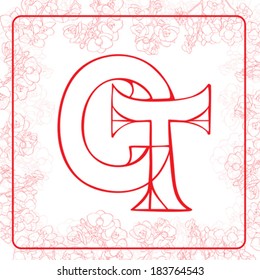 C and T letters monogram in an orchids frame, hand drawn illustration on white