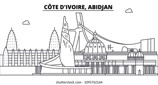 C te D ivoire, Abidjan line skyline vector illustration. C te D ivoire, Abidjan linear cityscape with famous landmarks, city sights, vector design landscape.