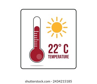 22° C. Thermometer 22 degrees Celsius. Vector for weather and climate forecast with yellow sun