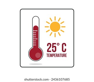 25 ° C. Termómetro 25 grados Celsius. Vector para el pronóstico del tiempo y el clima con el sol amarillo