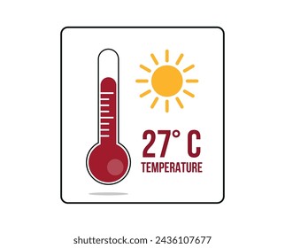 27° C. Thermometer 27 degrees Celsius. Vector for weather and climate forecast with yellow sun