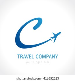 C Tourism Company Logotype Concept. Alphabet Navigate Sign With Airlines And Jet Plane, Lowcost Airways Brand, Logistic, Lowcoster Graphic Abstract Template, Sport Blue Logo Idea. Flying Around World.