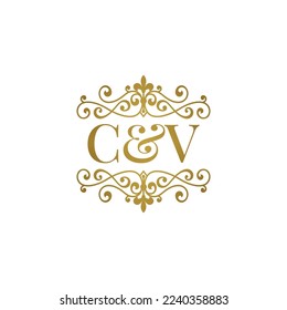 Logotipo de las iniciales C y V ornamento dorado. Símbolo de matrimonio CV de carta o símbolo de socio comercial
