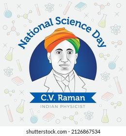  C V Raman Vector illustration, Indian national science day celebration, banner with lab equipment background