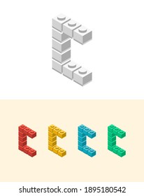 C vector letter with colourful plastic toy brick, isolated isometric 3d childish block font. Perfect for kids labels, birthday and kindergarten posters, school style, children magazines etc.