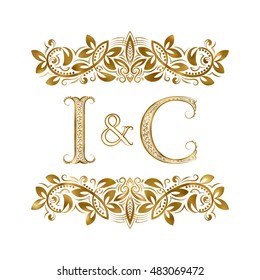 I and C vintage initials logo symbol. The letters are surrounded by ornamental elements. Wedding or business partners monogram in royal style.