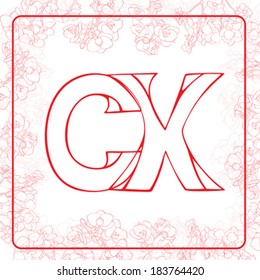 C and X letters, monogram surrounded by an orchids frame, hand drawn illustration on white