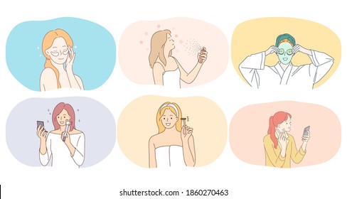 c. Personajes de dibujos animados de mujeres jóvenes sonrientes con crema de cara, pulverización de pelo, máscaras de belleza, parches para los ojos, afeitadora para afeitarse componen la ilustración 