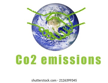 apretón de manos del acuerdo de emisiones de C02. Reducción de CO2, compromiso de los países. Planeta terrestre, arreglo de reciclaje, planeta tierra. protección de la naturaleza, ecología, emisiones de CO2. Reducción del efecto invernadero.