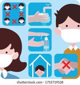 C0VID-19 Prevention info graphic illustration. Do and don't poster for covid-19. Contains such as Washing Hands, Physical Distance, People Wearing Face Mask, hand sanitizer, get fever ect.