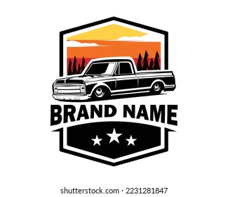 c10 truck logo isolated on white background showing from side with eye catching sunset view. best for badge, emblem, icon. vector available in eps 10.