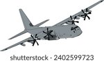 C-130J Military Cargo + Tanker Aircraft Side Banking Vector Drawing