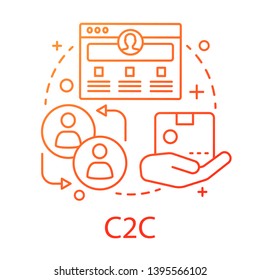 C2C-Konzeptsymbol. Geschäftsbeziehung Idee dünne Linie Illustration. Webportal mit Kaufwerbung. E-Commerce mit Verkauf zwischen Verbrauchern. Vektor-einzelne Rahmenzeichnung