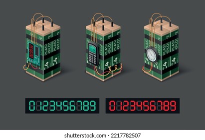 C4 Plastic Explosive Bomb With Timer Realistic Set Isolated On Grey Background Vector Illustration