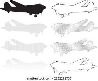 C-47 transport aircraft in silhouette, outline and line fills