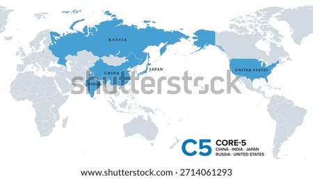 C5, Core-5 bloc, political map of an international forum, including the countries China, India, Japan, Russia, and United States, as a contrast to such groups as the G7. Isolated illustration. Vector