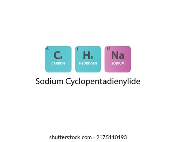 C5H5Na Sodium Cyclopentadienylide molecule. Simple molecular formula consisting of Carbon, Hydrogen, Sodium elements. Chemical compound simplified structure on white background.
