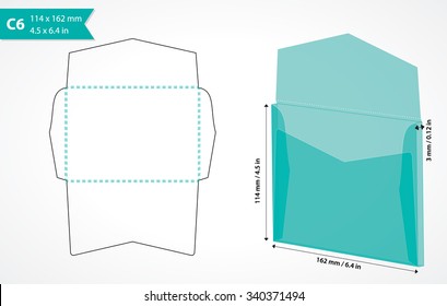 C6 envelope template vector. Die cut envelope mockup. Paper craft. Basic envelope size with custom shape layout. Digital envelope template. May be used with cutting machine.