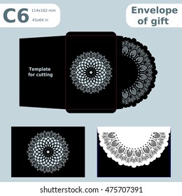 C6 openwork paper converter for romantic messages,template  for cutting, lace pattern, envelope greetings, laser cutting template,  presents packing, vector illustrations.