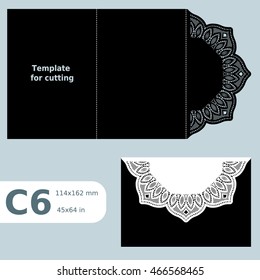 C6 paper openwork greeting card, template for cutting, wedding congratulation,  lace invitation,  card with fold lines,  object isolated background,  laser cut template,  vector illustration