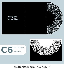 C6 paper openwork greeting card, template for cutting, wedding congratulation,  lace invitation,  card with fold lines,  object isolated background,  laser cut template,  vector illustration