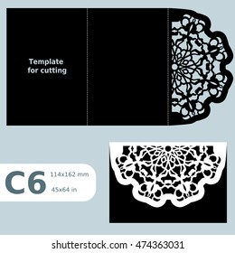 C6 paper openwork greeting card, template for cutting, wedding congratulation,  lace invitation, card with fold lines, object isolated background, laser cut template, vector illustration