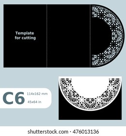 C6 paper openwork greeting card, template for cutting, lace invitation, card with fold lines, object isolated background, laser cut template, vector illustration