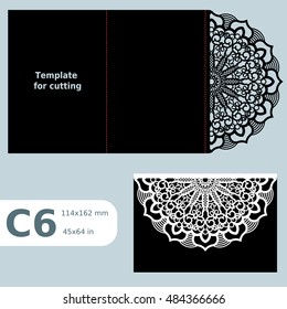C6 paper openwork greeting card,  wedding invitation, template for cutting, lace invitation, card with fold lines, object isolated background, laser cut template, vector illustration