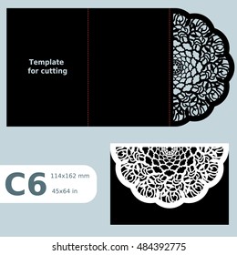 C6 paper openwork greeting card,  wedding invitation, template for cutting, lace invitation, card with fold lines, object isolated background, laser cut template, vector illustration