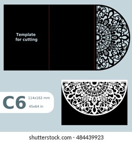 C6 paper openwork greeting card,  wedding invitation, template for cutting, lace invitation, card with fold lines, object isolated background, laser cut template, vector illustration